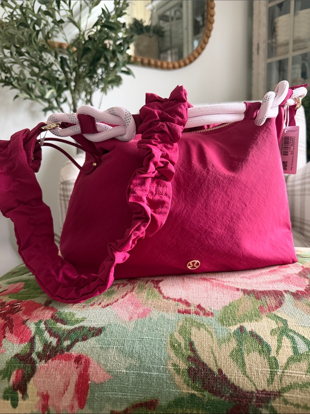lululemon athletica Hot Pink Ruched Strap Shoulder Bag with White Rope Accent